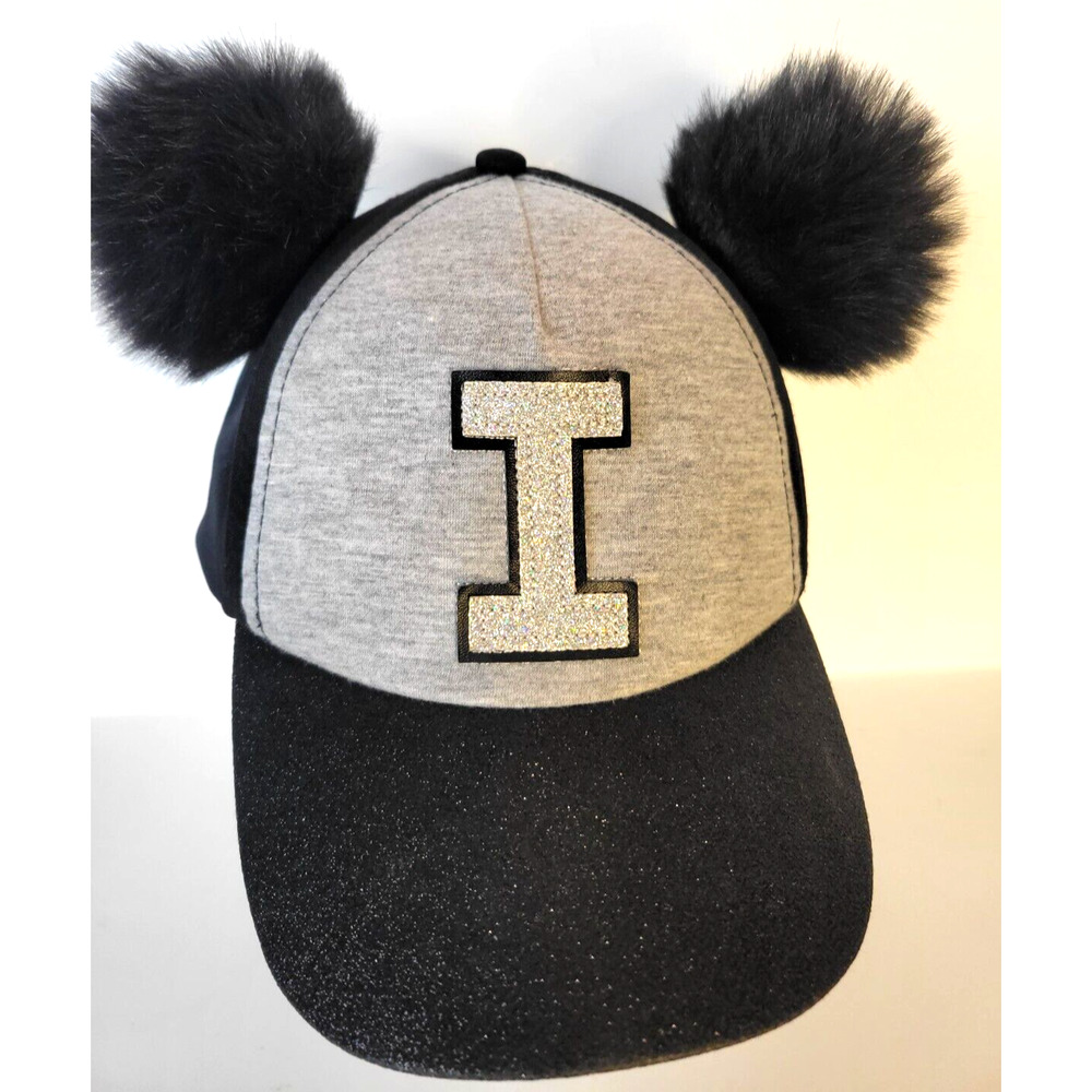 JUSTICE Black Baseball Hat w/ Pom Poms • Girls/Women • Glitter Brim • Faux Fur